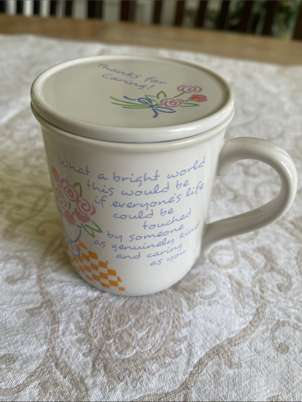 Vintage Hallmark Floral Inspirational Ceramic Mug with Lid - White, Pink, Blue
